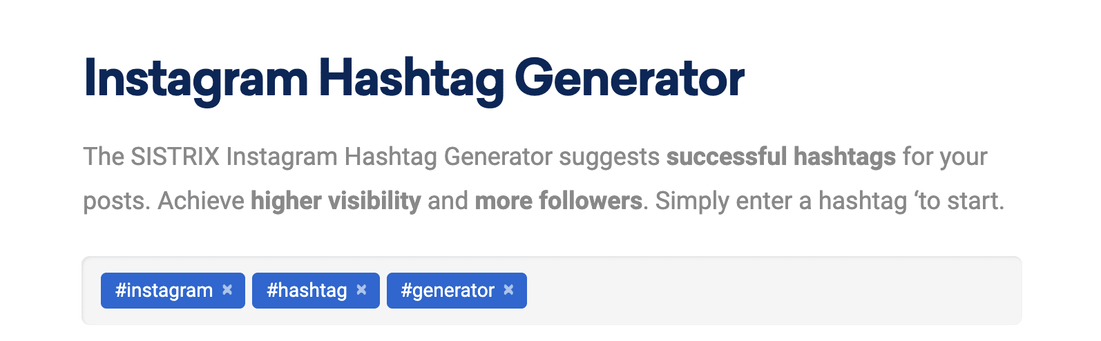 The Sistrix free Instagram hashtag generator showing 30 suggested hashtags from three seed terms